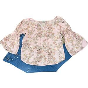 Status by Chenault Pink & Coral Floral Keyhole Bell Sleeve Peasant Boho Top - S